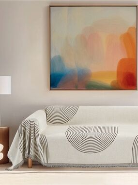 Neutral Cream Geometric Sofa Throw Blanket - Brand: